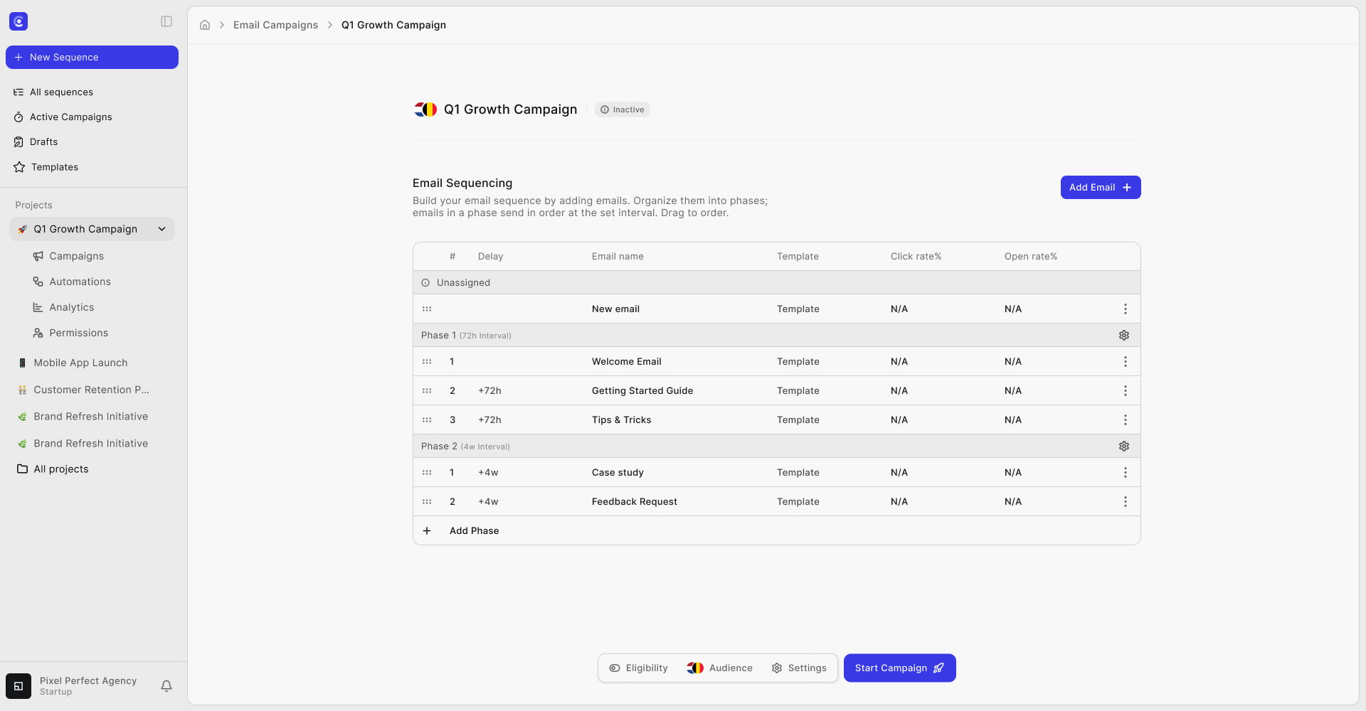 Editor voor e-mailsequenties met gefaseerde intervallen