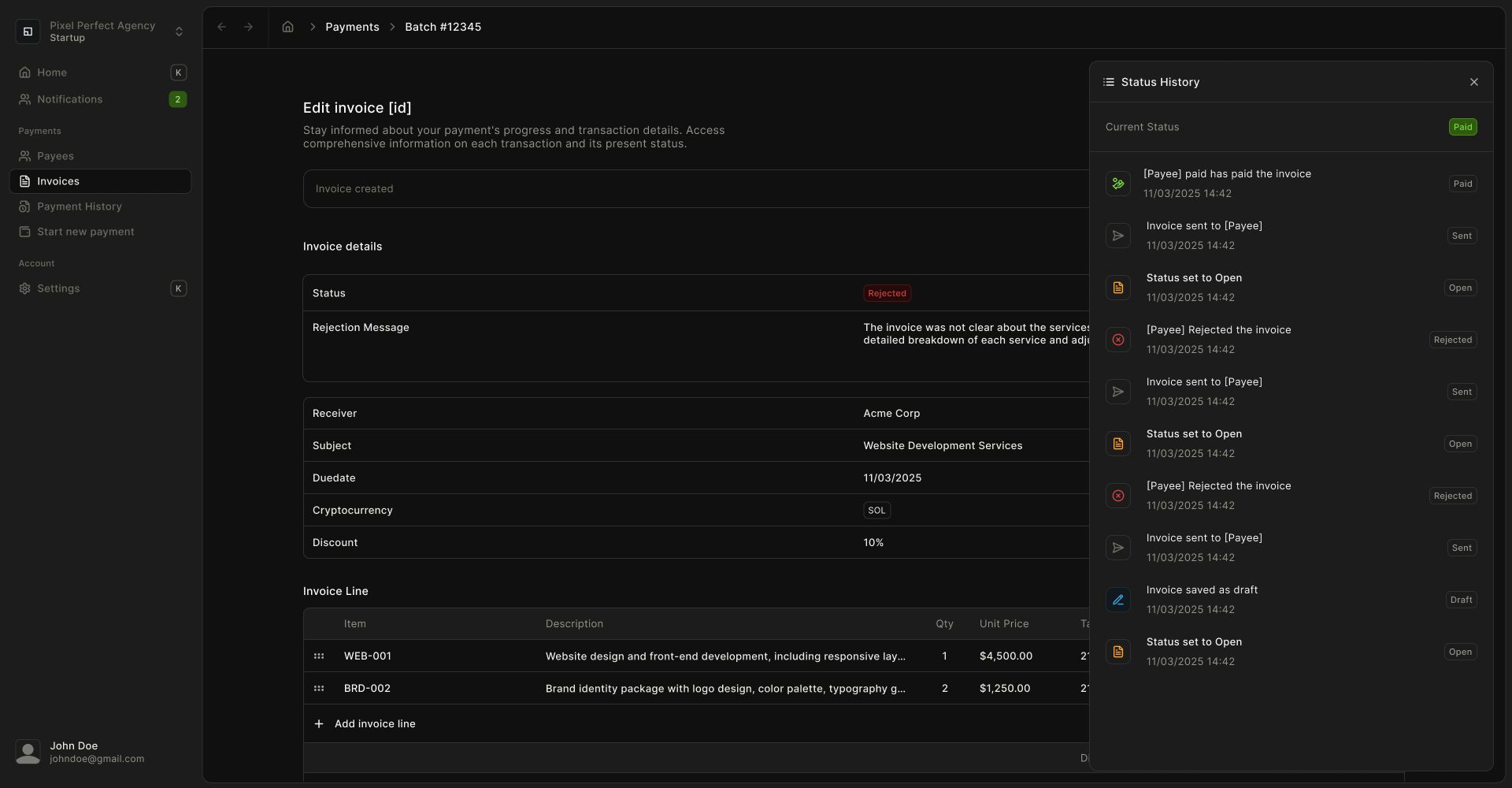 Factuureditor met een live statushistorie
